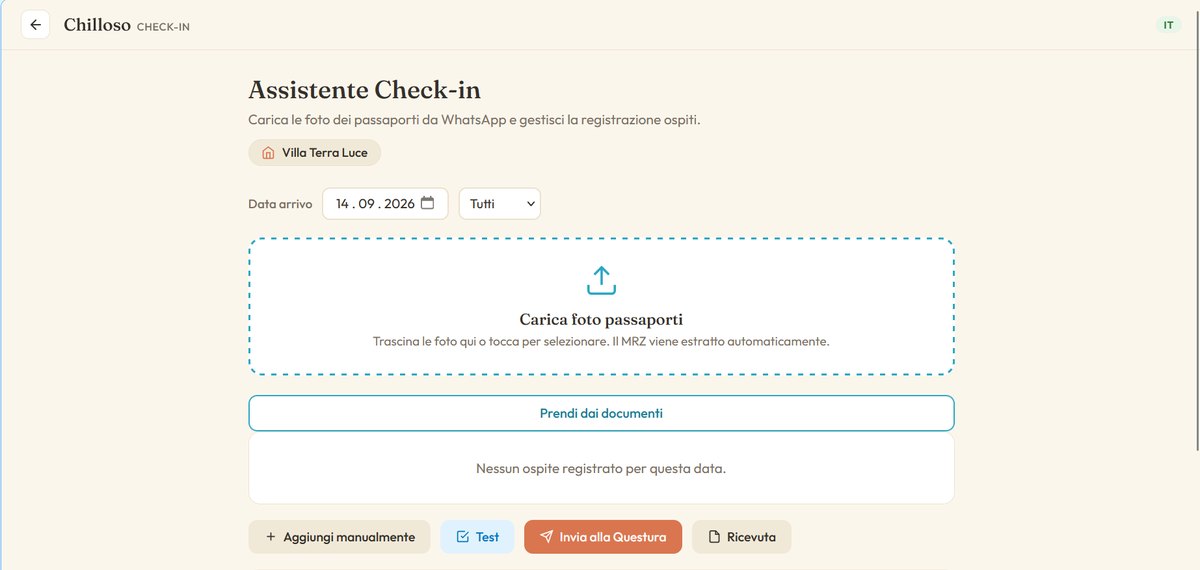 Chilloso, Assistant Check-in : dépôt des photos de passeport, envoi à la Questura, reçu